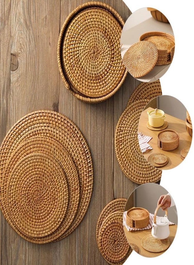 UTHCLO Natural Woven Rattan Coaster Set of 6 with Holder Heat-Resistant Drink Coasters for Tabletop Protection Rustic Wicker Placemats for Kitchen Living Room Outdoor Use - Image 4